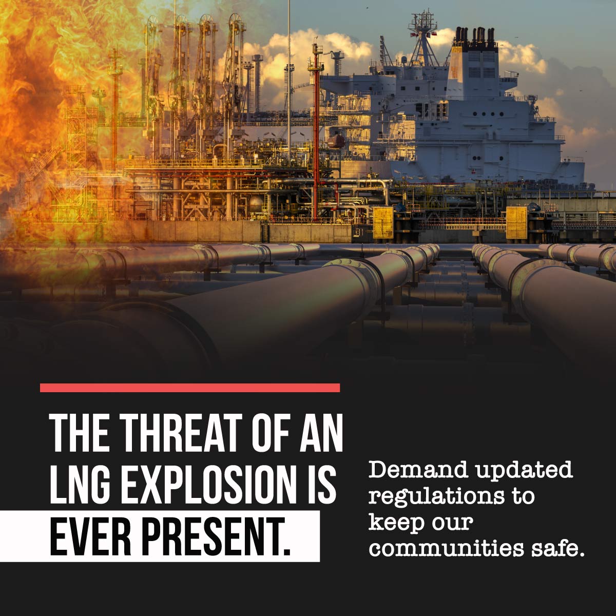 Image of an LNG facility with fire and text on the bottom that says 