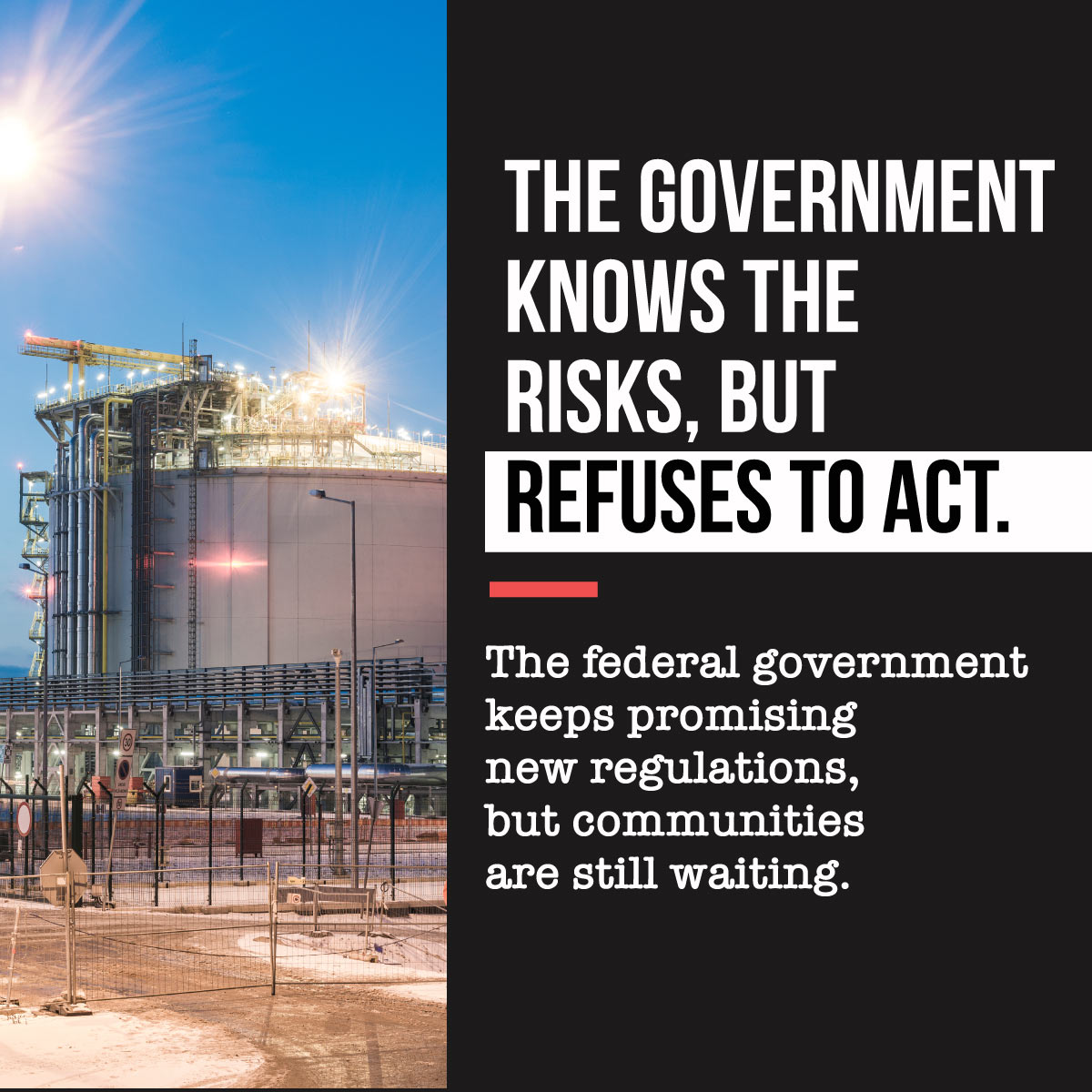 An image of an LNG facility on the left. On the right, white text is overlaid on a black background saying 